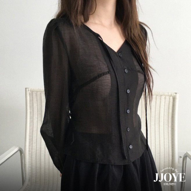 쪼예 노카라 브이넥 허리잘록 뒷리본 시스루 긴팔 블라우스