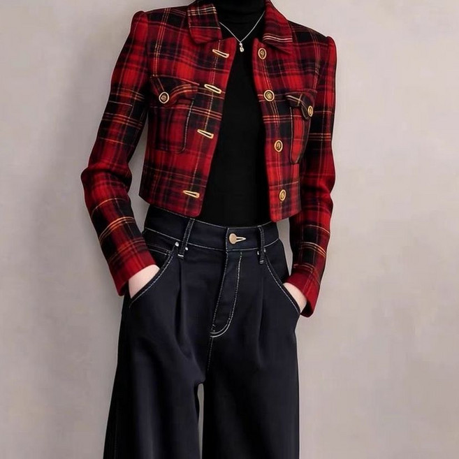 Skyciky 여성 트위드 블레이저 가을 체크 자켓 클래식 감성 단정한 숏 재킷 HH4411