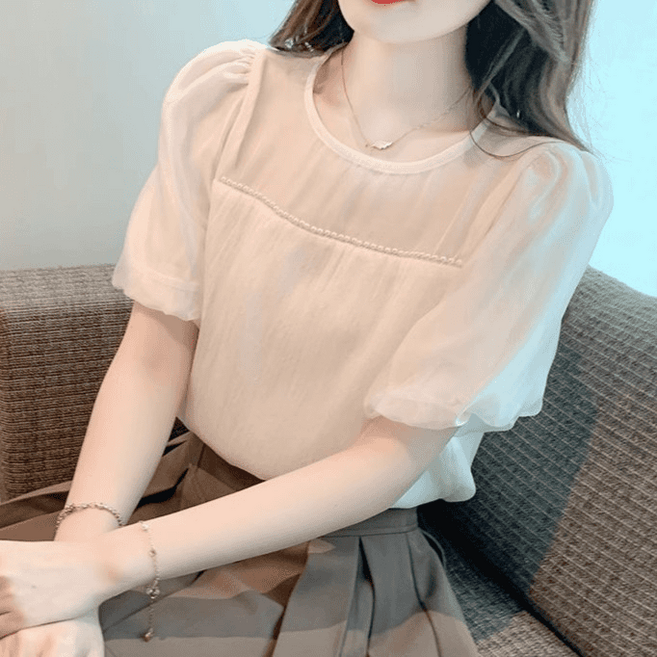여름 여성 슬림핏 반팔 블라우스 루즈핏 쉬폰 라운드넥 티셔츠 얇은 프리미엄 상의 SYW