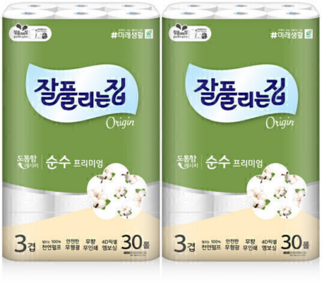 잘풀리는집 순수프리미엄 천연펄프 3겹 화장지 30M 30롤 2팩, 2개