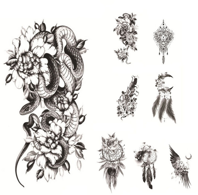 스타일 반영구 헤나 타투 스티커 문신 판박이, 8개, 깃털그레이