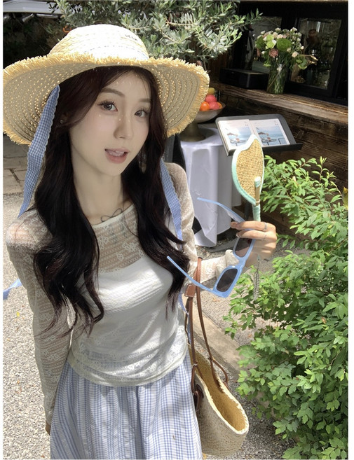 여성 스윗한 세트 라운드넥 18-25세 2025년 봄 레이스 백스트랩 체크 여름 패션
