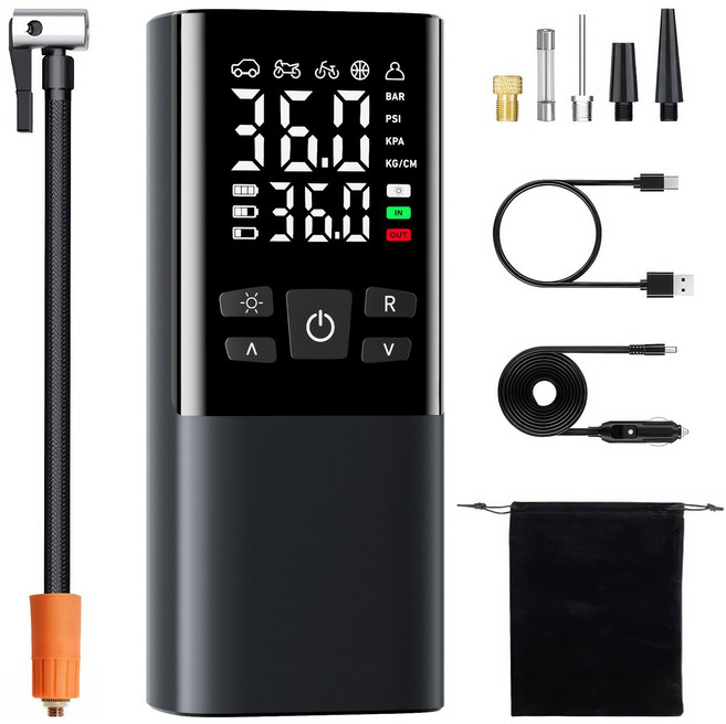 RUNHome 휴대용 무선 타이어 공기압 주입기 차량 자전거 오토바이 다용도 고압 빠른 주입 6000mAh, 블랙, 1개