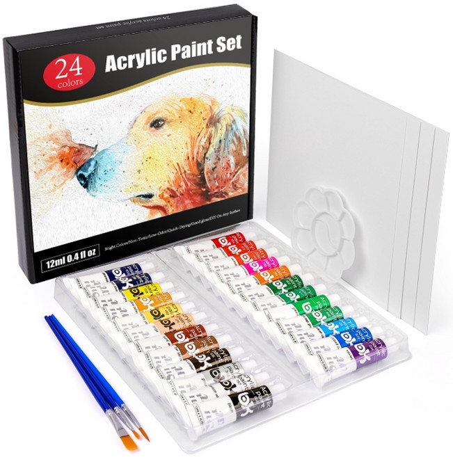 아클라 아크릴물감 12ml 24색 전문가용 물감세트 명화그리기 붓3종+미니팔레트+도화지4장
