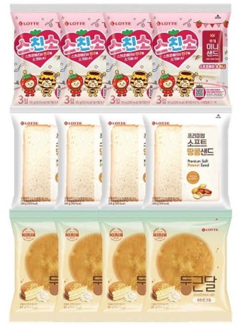 스친소 미니샌드 스트로베리 65g x4개+소프트 땅콩샌드 160g x4개+둥근달 화이트크림빵 85g x4개, 1세트, 1.24kg