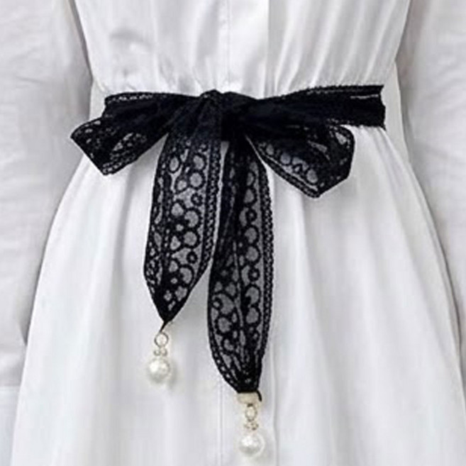 모먼트린 레이스 진주 리본 벨트 여성 원피스 포인트 허리띠