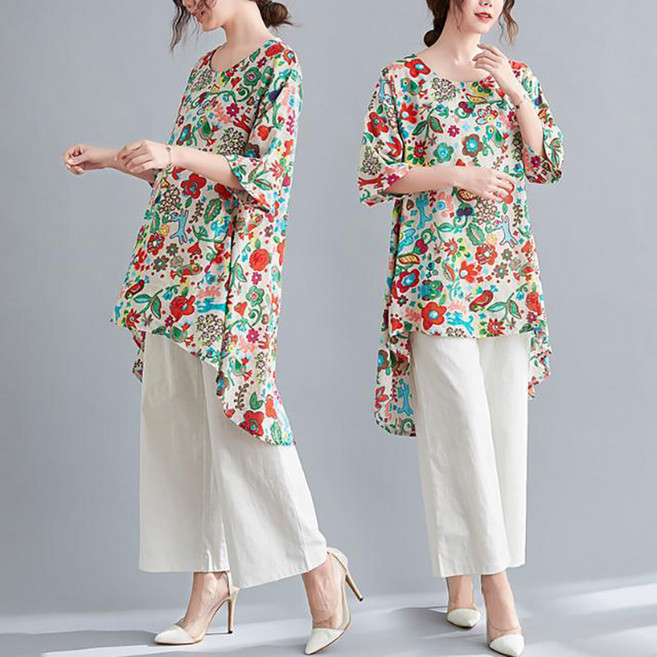 ORZQU 여성 여름 면 린넨 꽃무늬 셔츠 빅사이즈 루즈핏 언밸런스 시크 블라우스