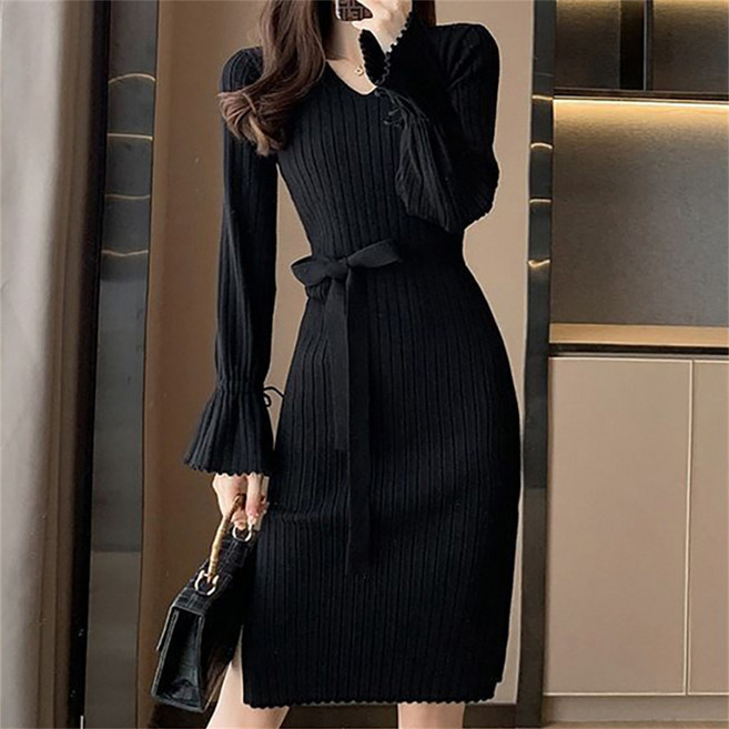 Vezri 여성 니트 원피스 허리띠 간단한 디자인 슬림핏 롱 드레스