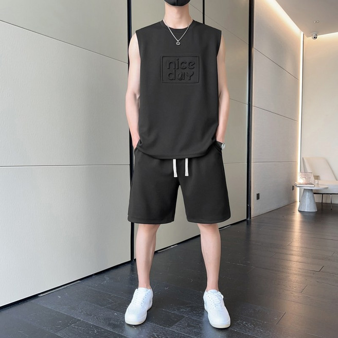 남자오버핏나시 반바지세트 상하의세트 심플한민소매나시티+5부슬랙스 5809