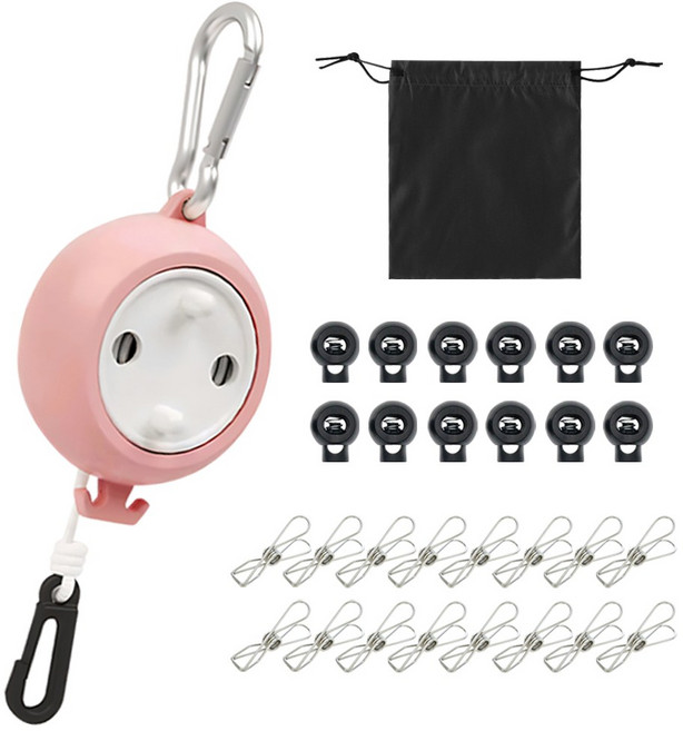 투데이리빙 4종 세트 휴대용 캠핑 빨래줄 10M 빨래집게 밀림 방지볼 파우치 건조대 다용도 무타공 빨래줄 튼튼한 빨랫줄 야외 건조줄, 1세트, R98197A(핑크