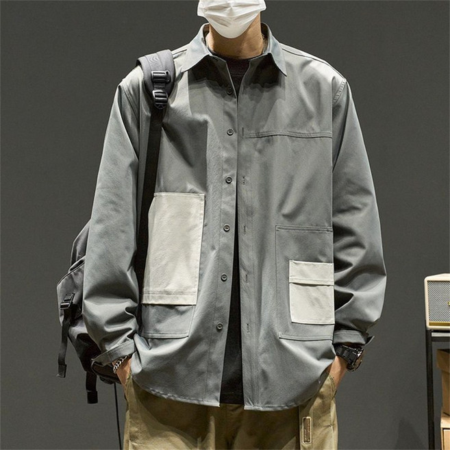 TKX 남성 캐주얼 오버사이즈 카라넥 셔츠 포켓 포인트 스트릿 스타일 긴팔 봄 가을 작업복