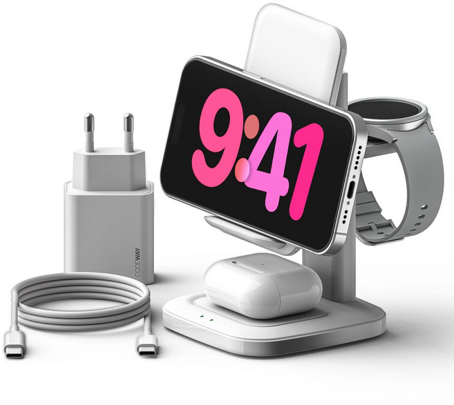코드웨이 23w 3in1 고속 무선충전기 거치대 애플워치 갤럭시 워치 호환 초고속 충전기 포함, 화이트, 1개