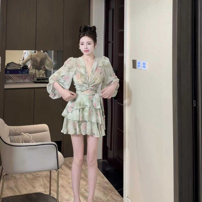 여성 여름 쉬폰 스커트 세트 보헤미안 플로럴 V넥 매듭 긴소매 블라우스와 층층이 스커트 세트 YLP