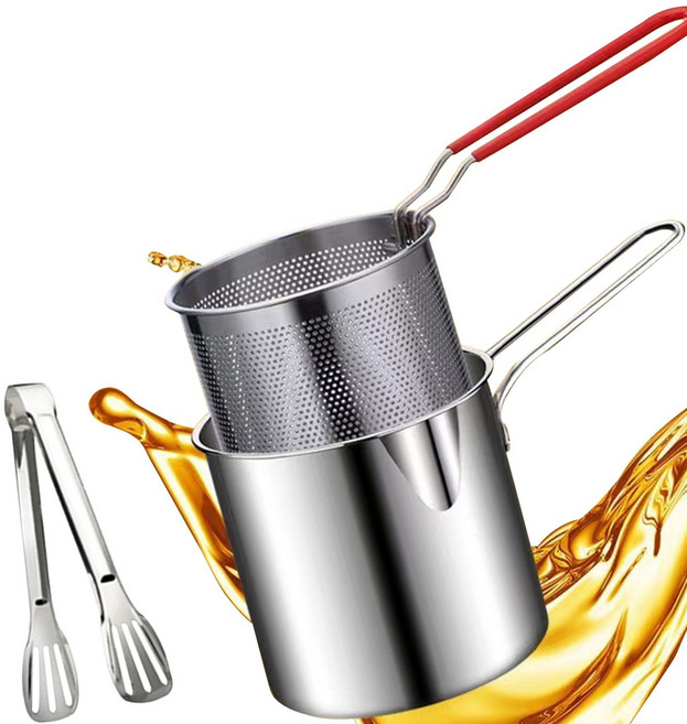 튀김 냄비 2 in 1 다용도 스텐 보관냄비 캠핑튀김기 냄비세트 튀김바스켓 집게 포함, 1세트, 13cm