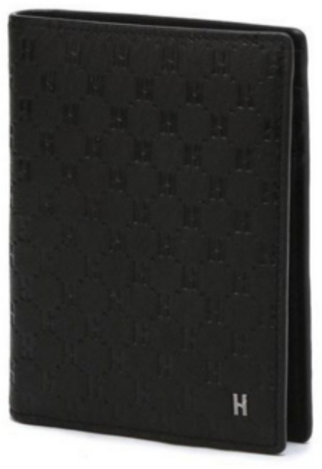 헤지스 남성 블랙 천연 소가죽 로고 패턴 명함 카드 중지갑