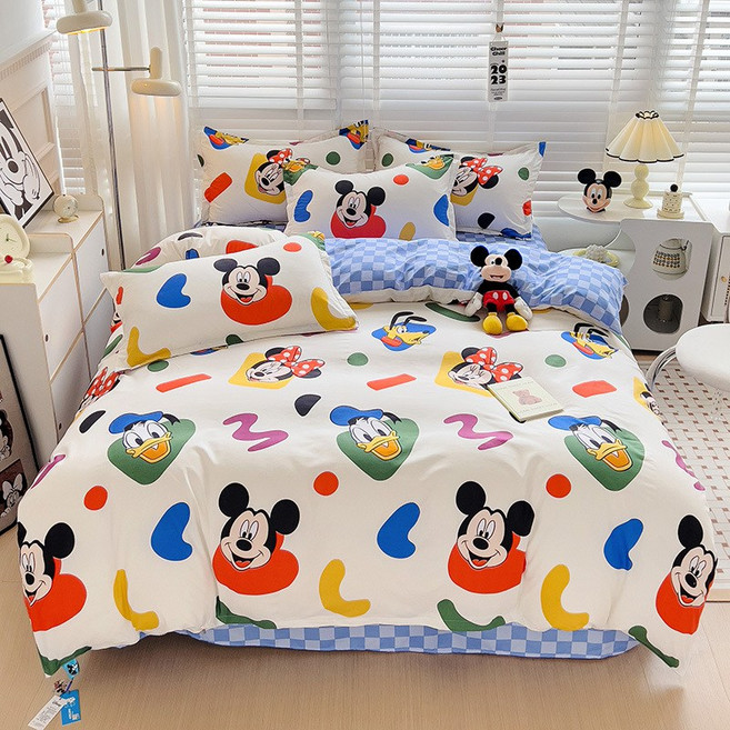 카툰 프린트 워싱 코튼 4종 세트 3종 세트 이불 커버 및 침대 시트