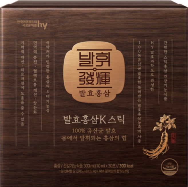 발휘 발효홍삼 K 스틱 30포 100% 유산균 발효 홍삼농축액 함유 건강기능식품, 300ml, 2개