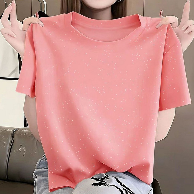 ROYALBELLE 여성 라운드넥 반짝이 빅사이즈 트렌디 베이직 반팔 티셔츠 K0032614