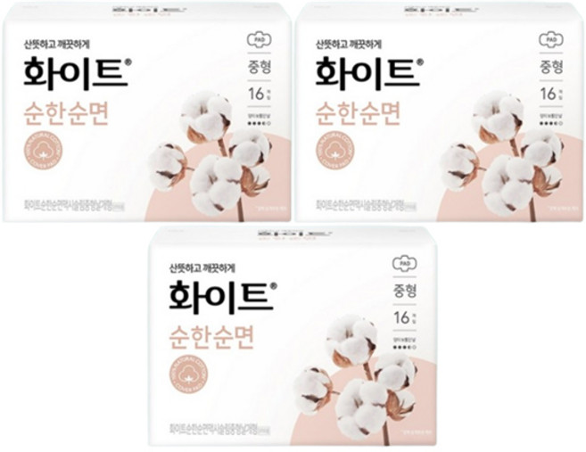 화이트 순한순면 슬림 중형 날개형, 16개입, 3개