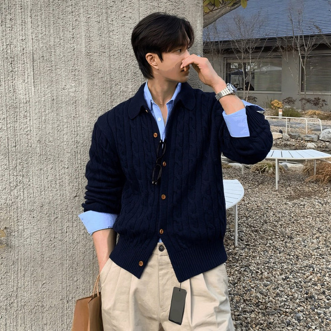 ANYOU 남자 니트 긴팔 티셔츠 루즈핏 집업 카디건 카라 긴팔 맨투맨 패션