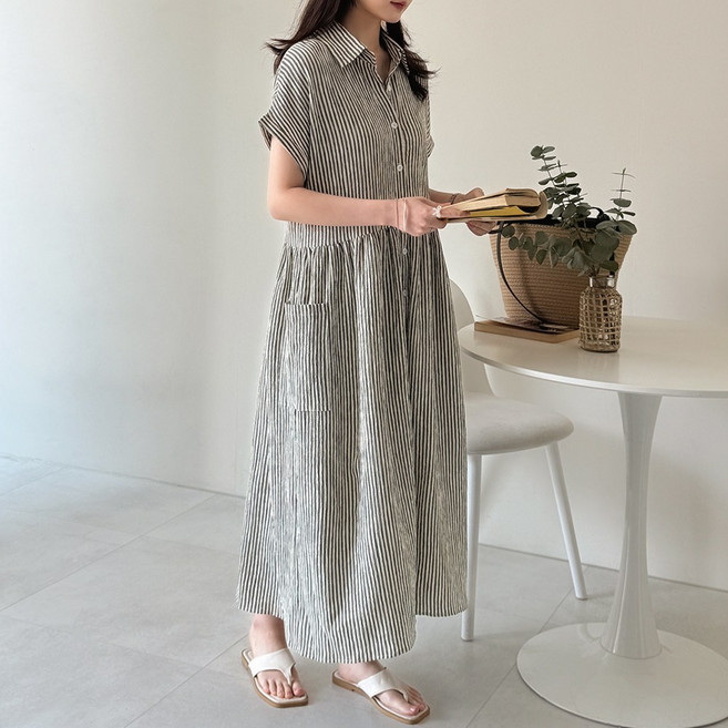 데일리앤 어반 루즈핏 캡소매 스트라이프 지지미 반팔 롱 셔츠 원피스 여름 휴양지 빅사이즈