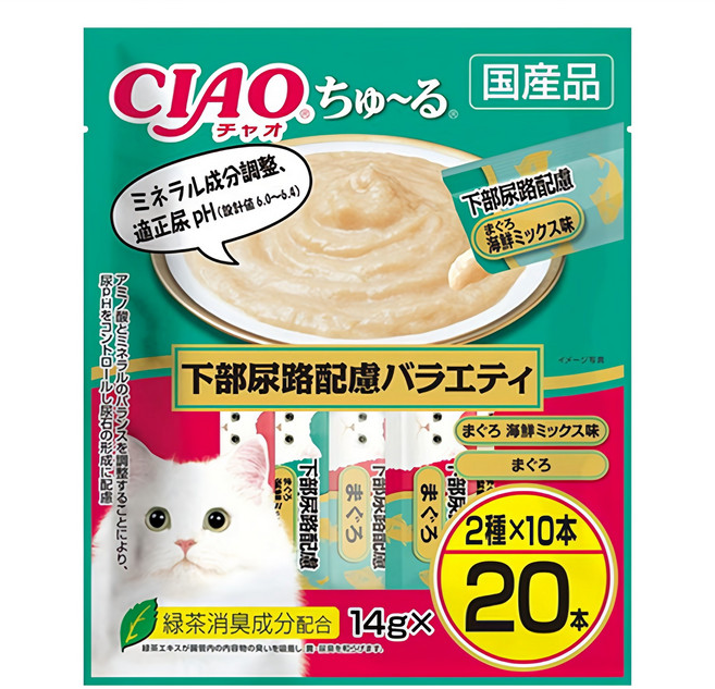 이나바 차오 츄르 고양이 간식, 하부요로케어 버라이어티, 14g, 20개