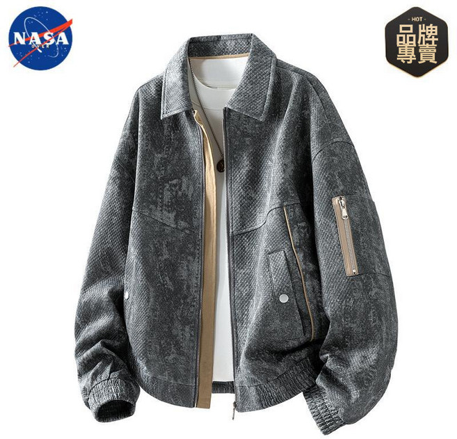 NASA品牌美式提花仿牛仔外套秋冬季百搭寬鬆大碼潮流男士翻領夾克