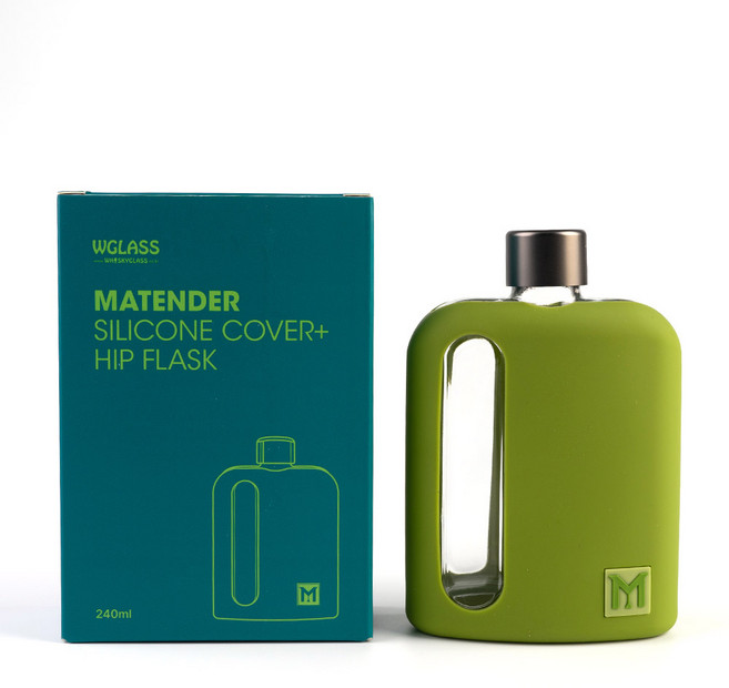 마텐더 실리콘 커버 유리 힙플라스크 2종세트 위스키 전용 100ml/240ml 구성, 싱글패키지 240ml-올리브그린, 1개