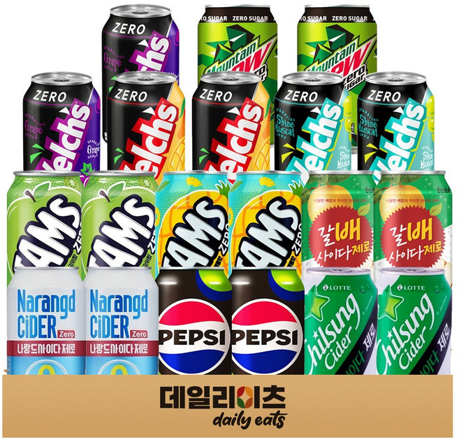 [데일리이츠] 제로칼로리 탄산음료 10종 20캔 (펩시제로 사이다제로 웰치제로 오렌지 포도 샤인머스켓 체리스트로베리 탐스제로 사과키위 파인애플 레몬), 1세트, 355ml