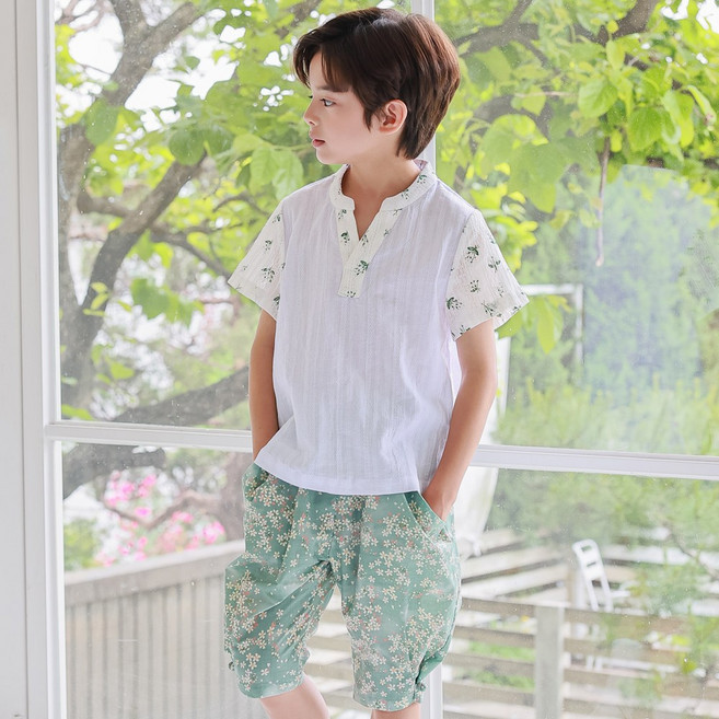 하랑한복 두루뎅이 꽃무늬 생활 한복 반팔 티셔츠 데일리 반바지 상하의 세트