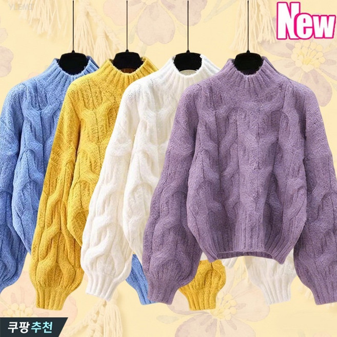 YLEMI 가을 겨울 여성용 반폴라 캐주얼룩 도톰 패션 루즈핏 스웨터 니트 티셔츠