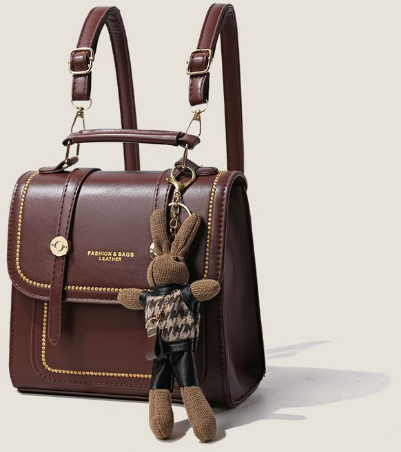 INDOOMS 英倫風格 簡約百搭 雙肩小背包, 咖色【升級款加厚耐磨】,包包+雙肩帶+卡其兔子