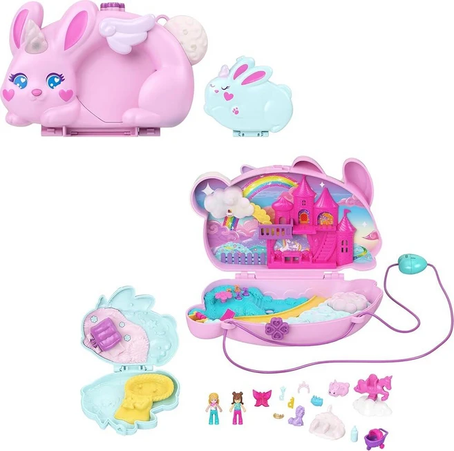 Polly Pocket 웨어러블 여행용 장난감 마이크로 인형 2개와 애완 동물을 포함한 12개의 액세서리 2-in-1 버니 펀 컴팩트 지갑 놀이 세트 토끼 유니콘 테마 포, Polly Pocket 웨어러블 여행용 장난감, 마이크 - 쿠팡