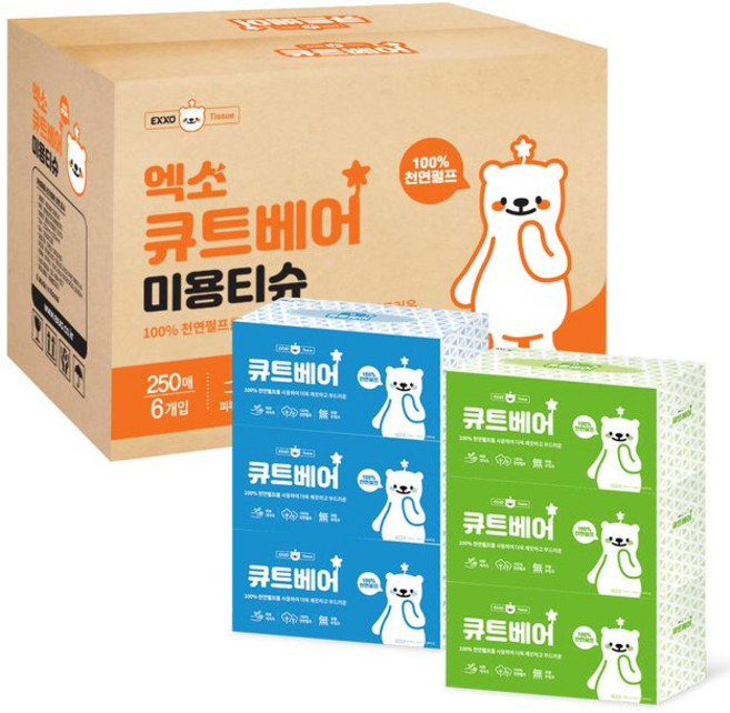 큐트베어 천연펄프 미용티슈 각티슈 250매 6개 화장지 휴지