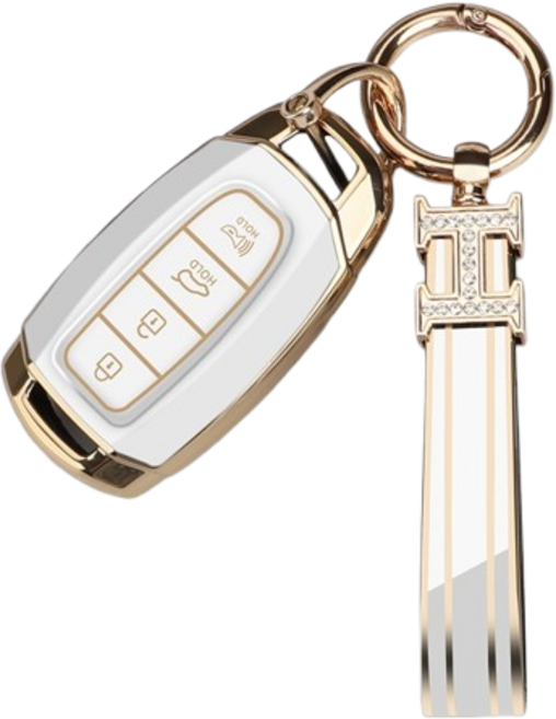 키에티 현대호환 그랜저IG 코나 4버튼 키케이스 + H큐빅 키체인, 골드-화이트