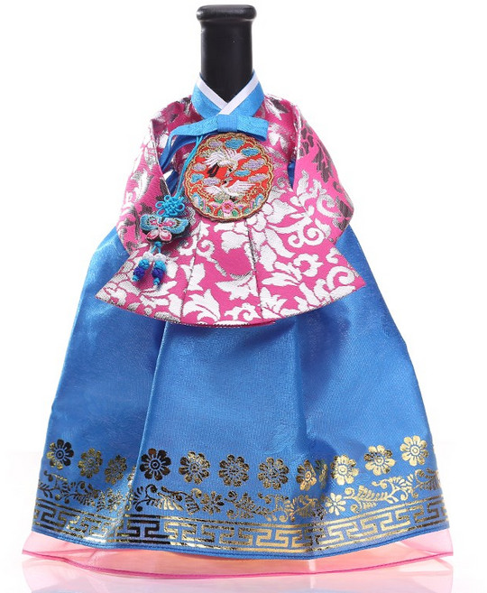 한복 와인커버 술병주머니 와인케이스 외국인선물 인형한복 인테리어소품, 분홍문양+하늘색(실크 치마, 1개