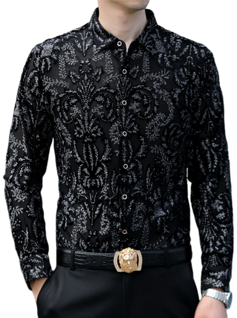 남자 댄스복 벨벳 긴팔 셔츠 용무늬 자카르 캐주얼 셔츠