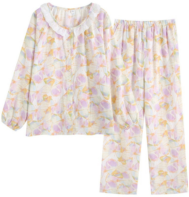 Soyoonlife라운드파자마 여성 거즈면 파자마 러블리 수면 긴팔 여름 얇은 홈웨어 상하세트 루즈핏 수면용