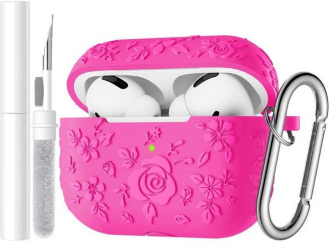 Apple AirPods Pro 2세대 케이스 커버에어팟 프로 커버 부드러운 실리콘이 포함된 엠보싱 플로럴 클리닝 키트 전면 LED 표시 열쇠고리 블랙과 호환됩니다, RoseRed