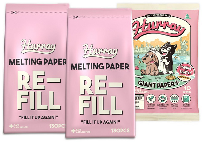 허레이 멜팅페이퍼 반려동물 물티슈 130매 본품&리필 세트 + 자이언트페이퍼 바디티슈, 130매 리필2개 + 자이언트페이퍼1팩, 1세트