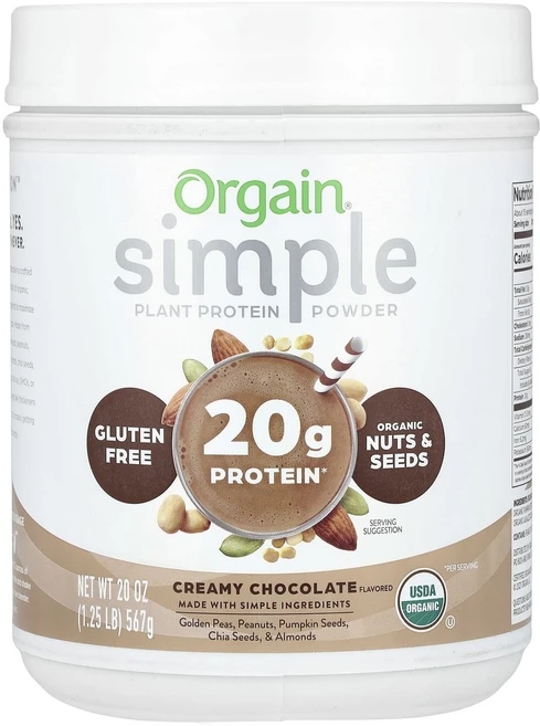 Orgain Simple 플랜트 프로틴 파우더 크리미 초코 567g, 2개, 566g - 쿠팡