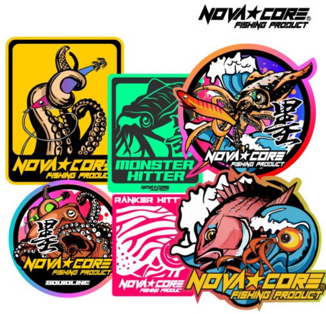 노바코어 참돔 문어 갑오징어 무늬오징어 낚시 방수 스티커 6종세트 태클박스 데칼스티커, 1개