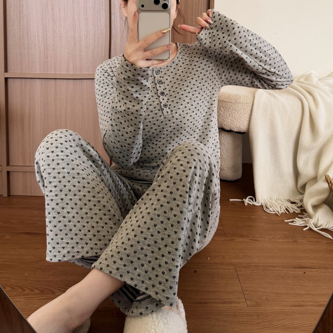아르앤유 여성 면혼방 하트 자카드 단추 긴팔 파자마 세트 홈웨어 잠옷