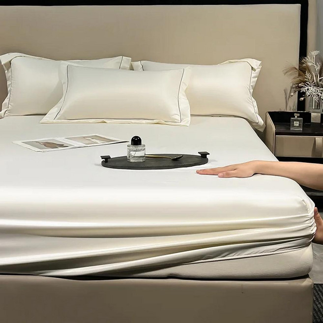 탄성 밴드가있는 나무 실크 장착 침대 시트 매트리스 커버 싱글 더블 퀸 킹 사이즈, 1개, 1. White / B. 160x200x30CM