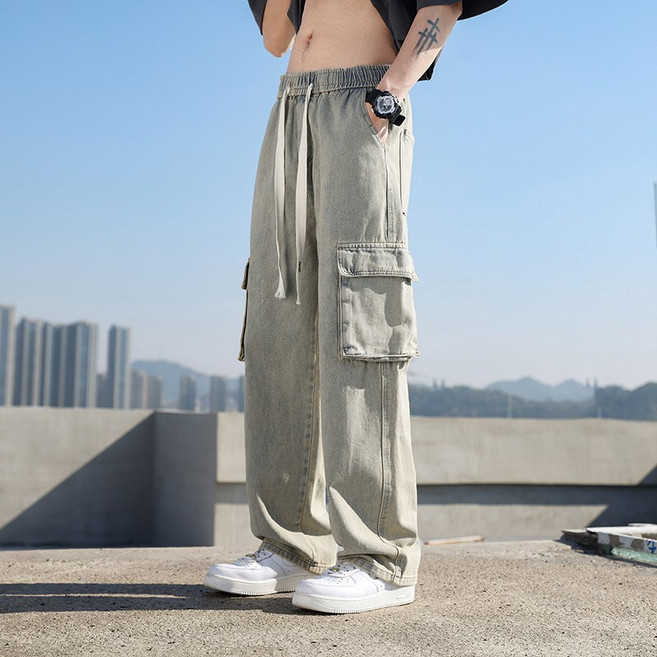 Sevenmoon봄 여름 가을 캐주얼 빈티지 빅포켓 카고 팬츠 워싱 데님 팬츠 남녀 공용