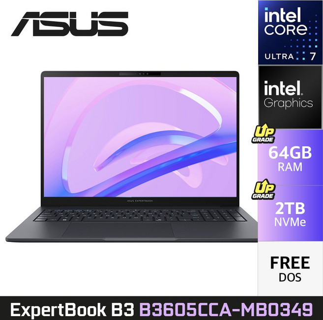 ASUS ExpertBook B3 B3605CCA-MB0349 Ultra7 16인치 노트북, Free DOS, 64GB, 2TB, 그레이
