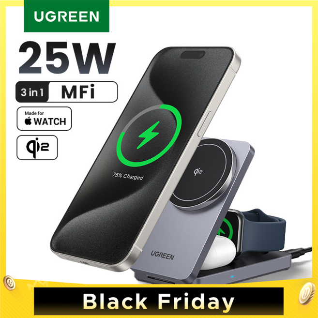 UGREEN 유그린 MagFlow Qi2 3-in-1 25W 마그네틱 무선충전 스탠드 아이폰12이상 시리즈 에어팟4 3 2 Pro 애플워치등 기기 지원된 접이식 무선충전기, 1개, Grey