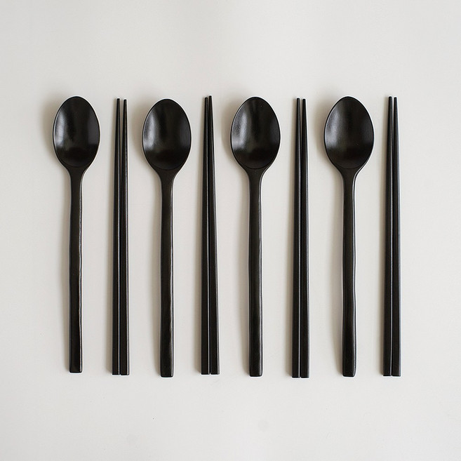 트래블앤쿡 수제 천연 옻칠 우드 숟가락 젓가락 4인 수저세트, 리얼블랙 4인세트, 1개