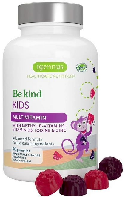 Igennus 메틸화 아동용 멀티비타민 젤리 MTHFR 인공 감미료 또는 향료 없음 무설탕 만 4세 이상 과일 파우더의 천연 베리 맛 젤리 90개 GMO 프리 할랄, Igennus 메틸화 멀티비타민 젤리, 비타민 B 및 - 쿠팡
