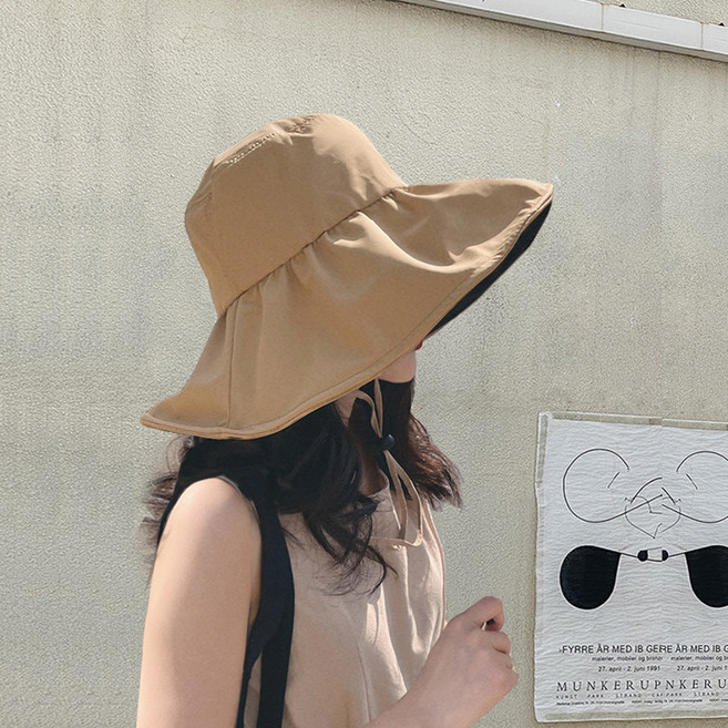 遮陽帽 女 大帽簷 防曬 透氣 戶外 海邊 漁夫帽 夏天 遮臉 輕便 抗uv 寬邊+卡其+均碼(56-58cm)